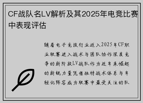 CF战队名LV解析及其2025年电竞比赛中表现评估